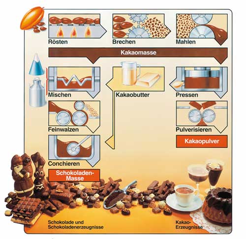 Das Ablaufdiagramm zeigt die Abfolge der Tätigkeiten bei der Herstellung von Schokolade. Das Ablaufdiagramm zeigt die Abfolge der Tätigkeiten bei der Herstellung von Schokolade. Die Kakaobohne wird geröstet, dann gebrochen, dann gemahlen. Das Produkt, die Kakaomasse, wird entweder durch pulverisieren zu Kakaopulver weiterverarbeitet oder mit Kakaobutter gemischt. Nach dem Feinwalzen und Conchieren entsteht die Schokoladenmasse