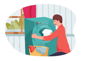 Illustration: Mensch vor Waschmaschine; Copyright Panthermedia