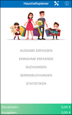 Startbildschirm der Haushaltsplaner-App des VerbraucherService mit einer Familie beim Einkaufen und dem Menü